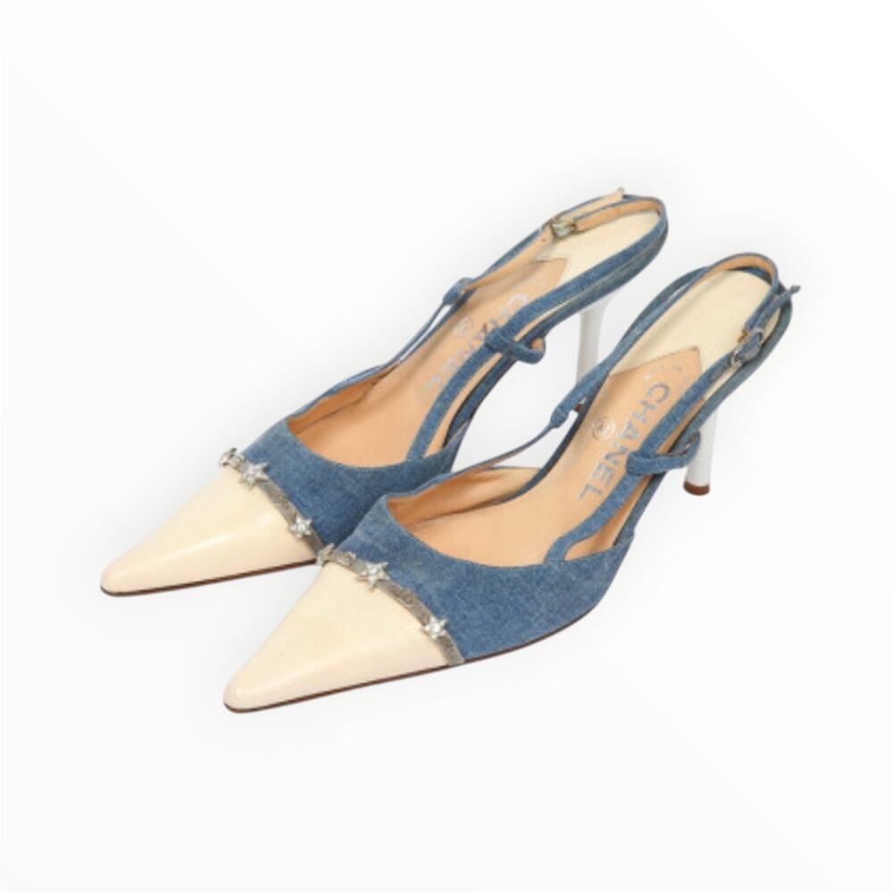 Chanel Blue/Cream Denim Leather Crystal Embellished Slingback Sandals Size6.5